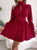 Women Autumn Casual Hollow Out Long Sleeve A Line Dress, Black Red White Elegant Woman Dresses for Fall Style