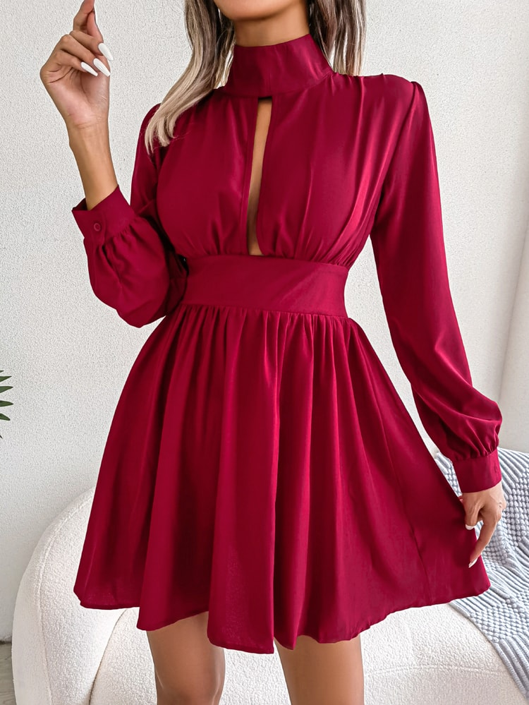 Women Autumn Casual Hollow Out Long Sleeve A Line Dress, Black Red White Elegant Woman Dresses for Fall Style
