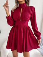 Women Autumn Casual Hollow Out Long Sleeve A Line Dress, Black Red White Elegant Woman Dresses for Fall Style