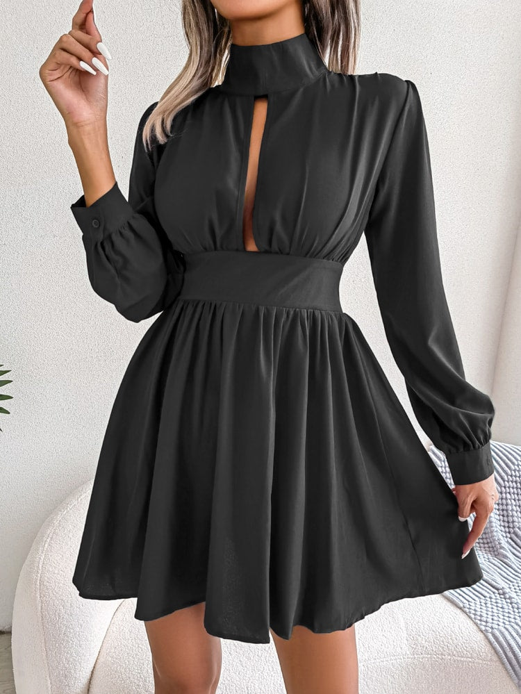 Women Autumn Casual Hollow Out Long Sleeve A Line Dress, Black Red White Elegant Woman Dresses for Fall Style