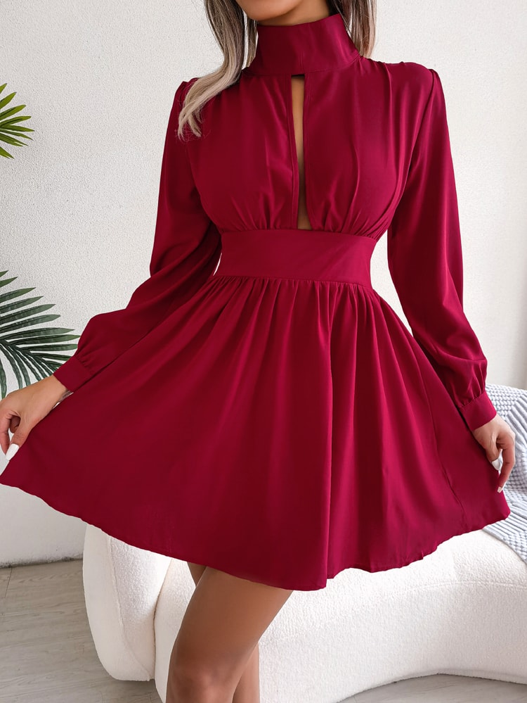 Women Autumn Casual Hollow Out Long Sleeve A Line Dress, Black Red White Elegant Woman Dresses for Fall Style