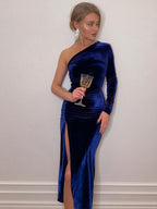 Elegant Velvet Bodycon Dress for Women Long Sleeve Split Midi Party Dress