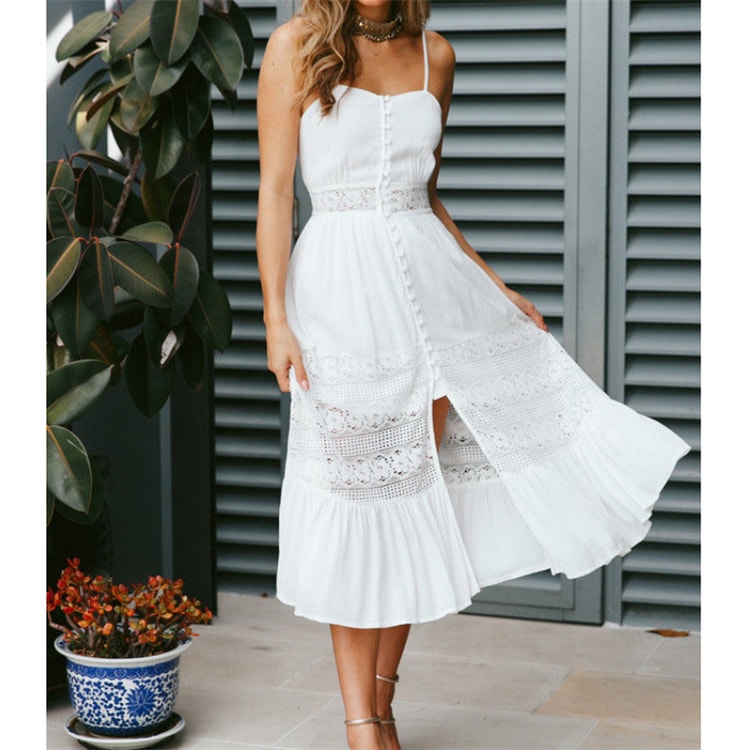Elegant Sleeveless Lace Crochet A-Line Dresses, Fashion White Long Dress Women, Summer Sexy Backless Party Beach Dress