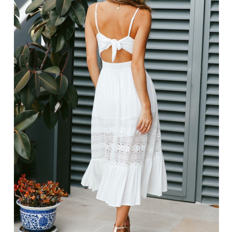 Elegant Sleeveless Lace Crochet A-Line Dresses, Fashion White Long Dress Women, Summer Sexy Backless Party Beach Dress