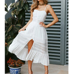 Elegant Sleeveless Lace Crochet A-Line Dresses, Fashion White Long Dress Women, Summer Sexy Backless Party Beach Dress