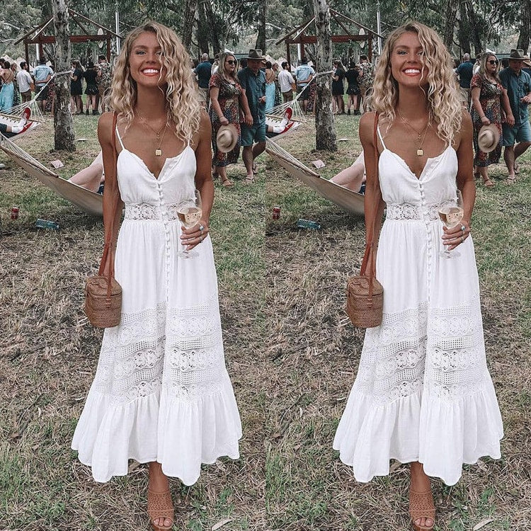 Elegant Sleeveless Lace Crochet A-Line Dresses, Fashion White Long Dress Women, Summer Sexy Backless Party Beach Dress