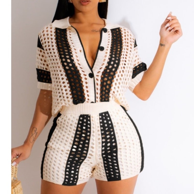 Chic Knit Two Piece Short Set Ribbed Crochet Patchwork Sweater Suit