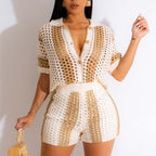 Chic Knit Two Piece Short Set Ribbed Crochet Patchwork Sweater Suit