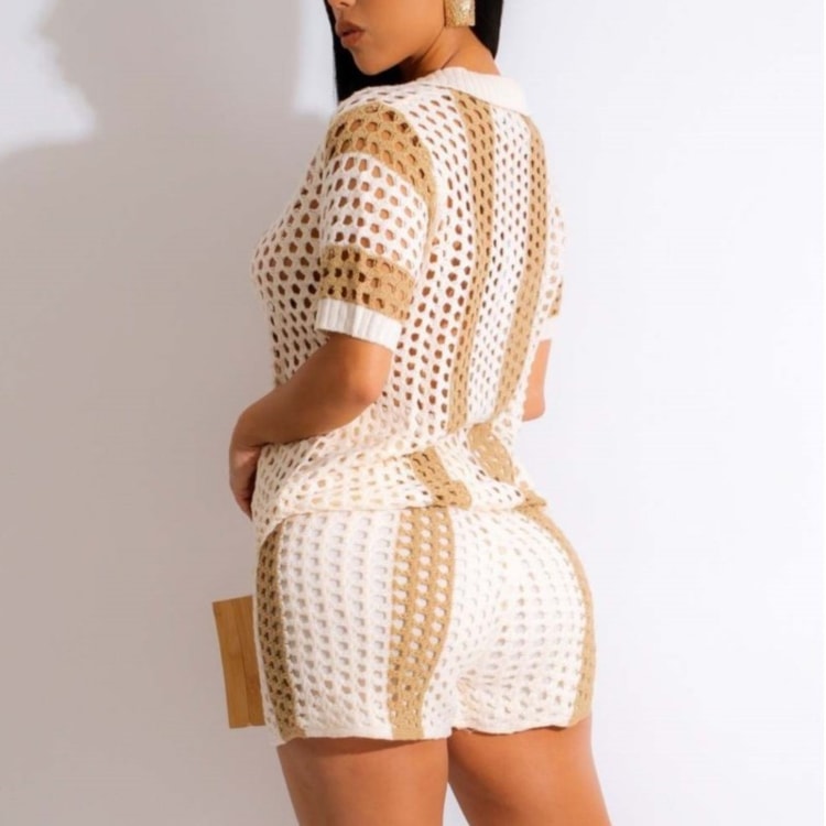 Chic Knit Two Piece Short Set Ribbed Crochet Patchwork Sweater Suit