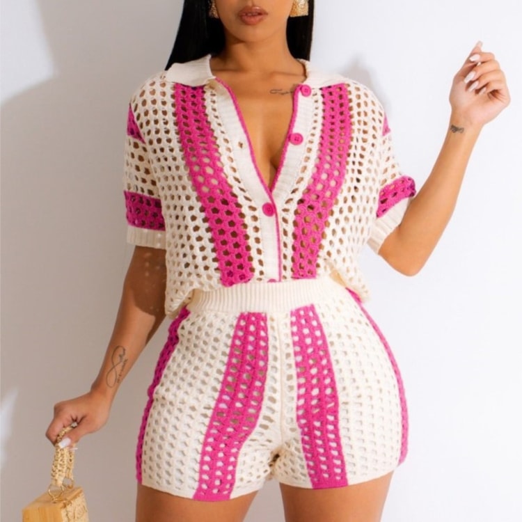 Chic Knit Two Piece Short Set Ribbed Crochet Patchwork Sweater Suit