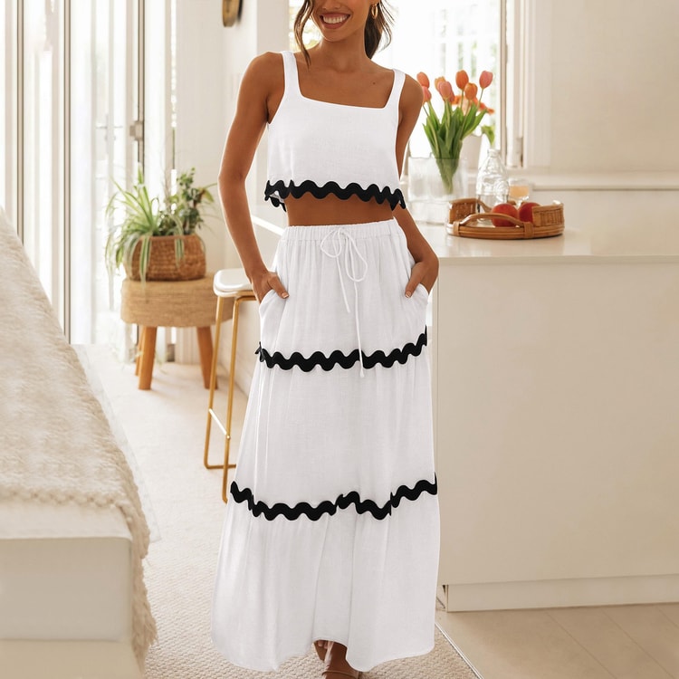Effortless Boho Maxi Skirt Set and Ruffle Trim Crop Top Casual Two Piece Summer Outfit