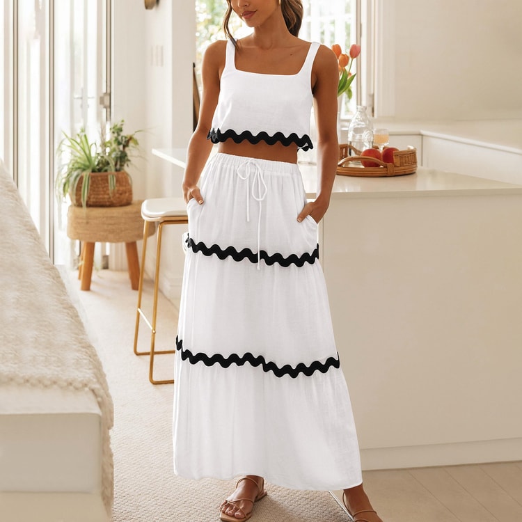 Effortless Boho Maxi Skirt Set and Ruffle Trim Crop Top Casual Two Piece Summer Outfit