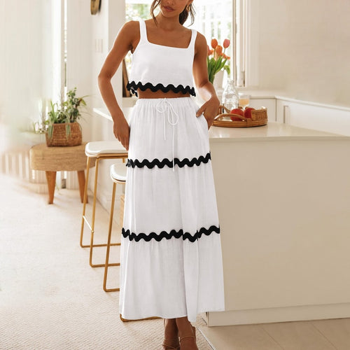 Effortless Boho Maxi Skirt Set and Ruffle Trim Crop Top Casual Two Piece Summer Outfit
