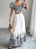 Boho Chic Off Shoulder Top and Skirt Set Floral Print Casual Two Piece Summer Vacation Outfit