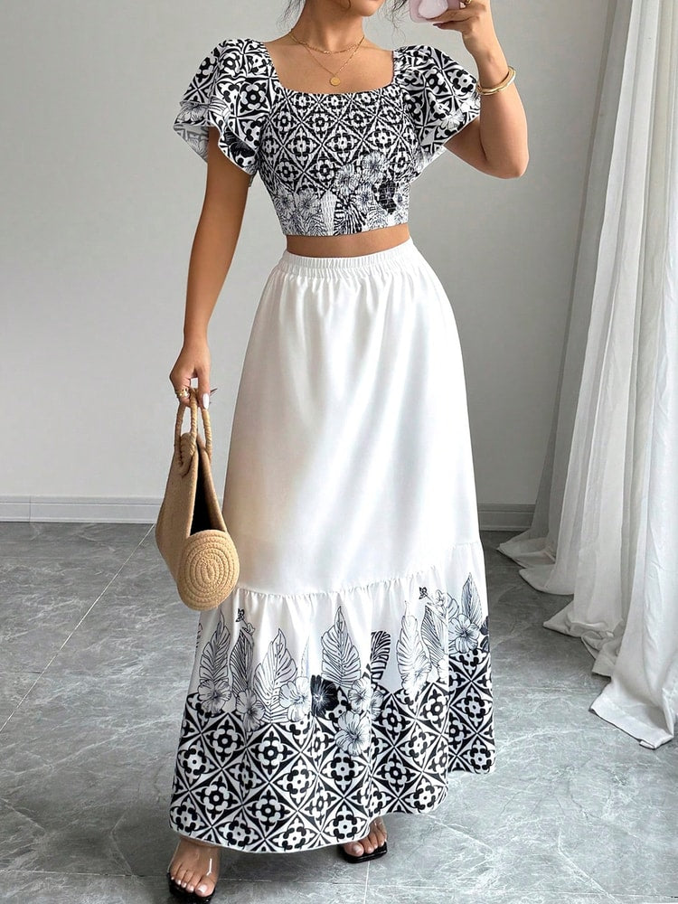 Boho Chic Off Shoulder Top and Skirt Set Floral Print Casual Two Piece Summer Vacation Outfit