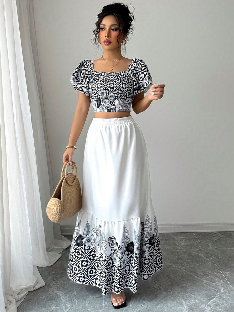 Boho Chic Off Shoulder Top and Skirt Set Floral Print Casual Two Piece Summer Vacation Outfit