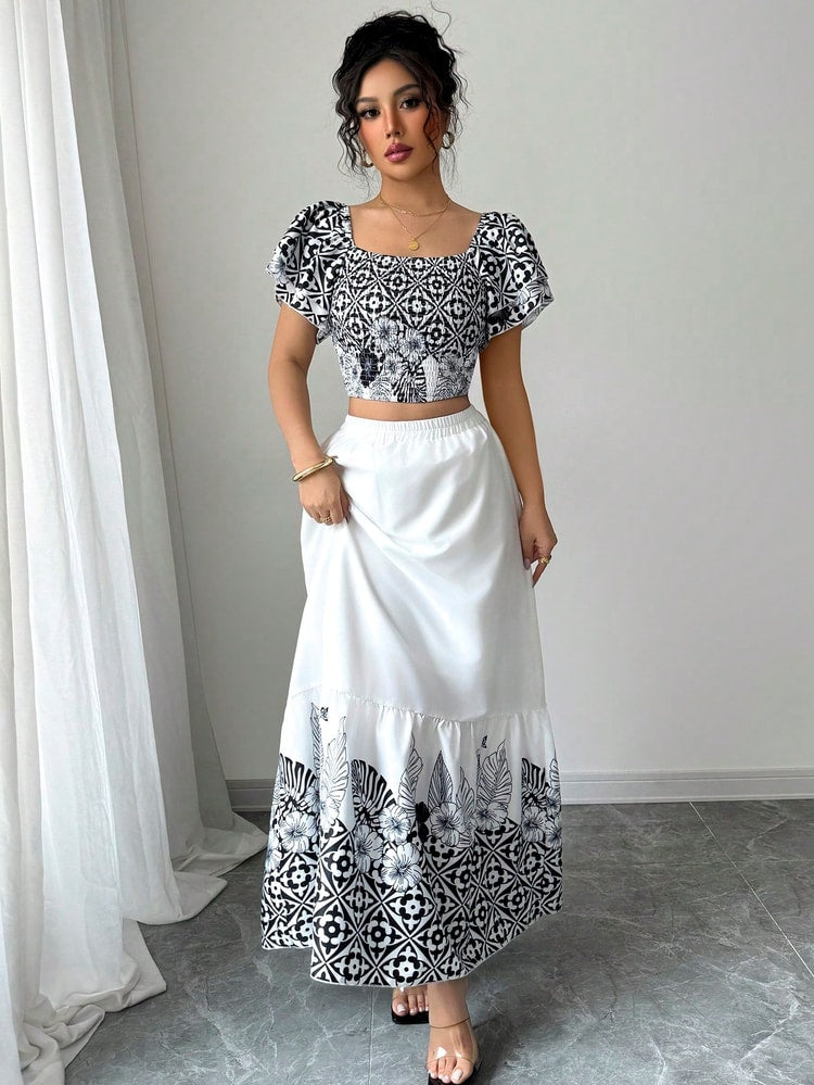 Boho Chic Off Shoulder Top and Skirt Set Floral Print Casual Two Piece Summer Vacation Outfit