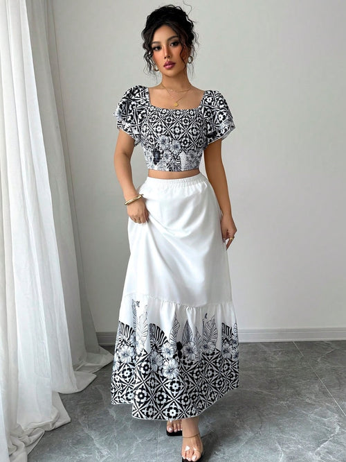 Boho Chic Off Shoulder Top and Skirt Set Floral Print Casual Two Piece Summer Vacation Outfit