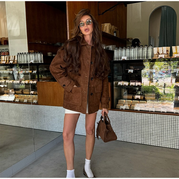 Women Dark Brown Suede Long Sleeve Coat Single Breasted Pocket Autumn Highstreet Outerwear Lady