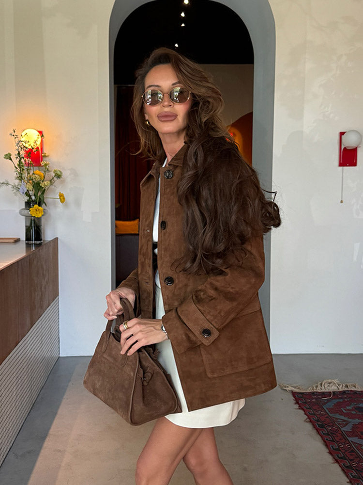 Women Dark Brown Suede Long Sleeve Coat Single Breasted Pocket Autumn Highstreet Outerwear Lady