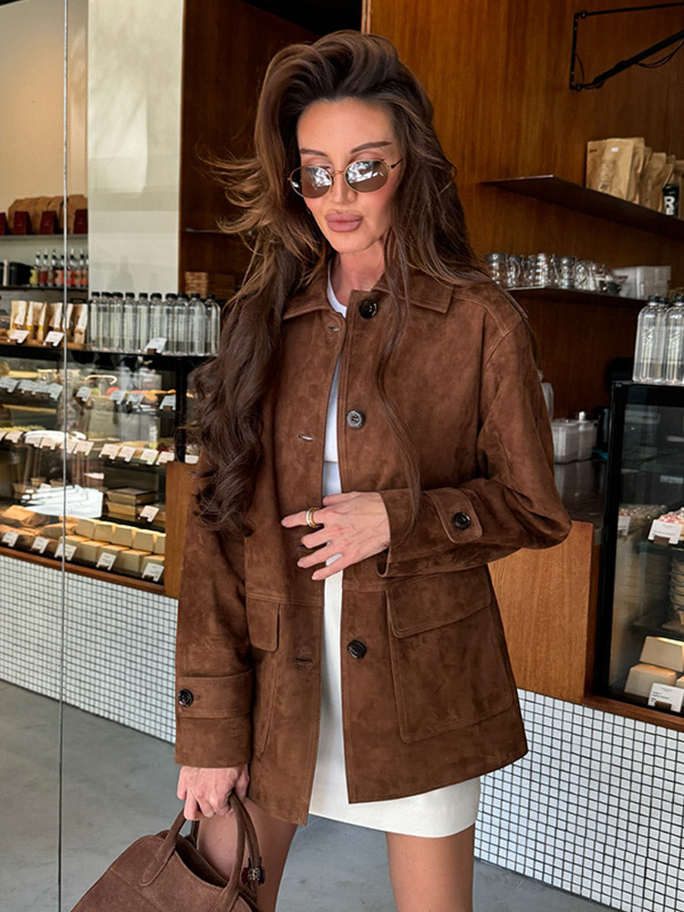 Women Dark Brown Suede Long Sleeve Coat Single Breasted Pocket Autumn Highstreet Outerwear Lady