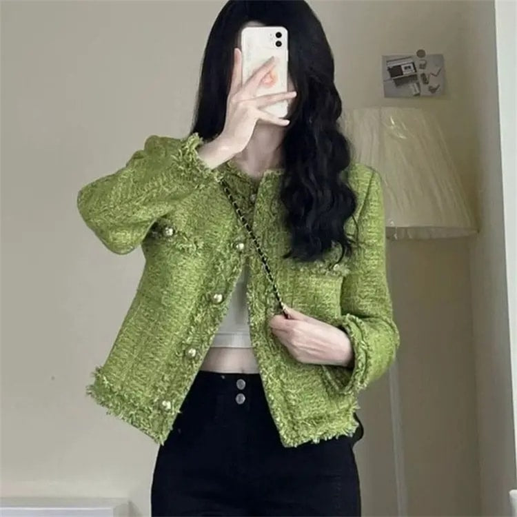 New Autumn Winter Korean Single Breasted Short Tweed Coat Women Long Sleeve Vintage Green Jackets Female Outerwear