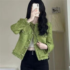 New Autumn Winter Korean Single Breasted Short Tweed Coat Women Long Sleeve Vintage Green Jackets Female Outerwear