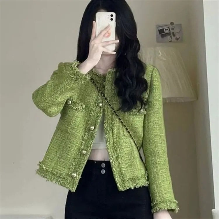 New Autumn Winter Korean Single Breasted Short Tweed Coat Women Long Sleeve Vintage Green Jackets Female Outerwear