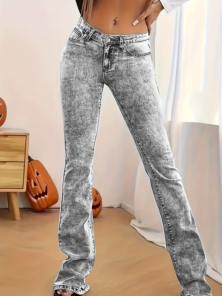 Gray Low Rise Slim Fit Bootcut Jeans Fashion Women, Y2K Style Snow Wash Denim Pants, Elegant Streetwear Look
