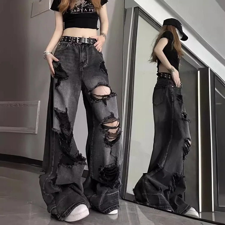 Unique Cool Ripped Jeans, Womens Summer Distressed American Style, Loose Fit Bell Bottoms, Versatile Straight Leg Long