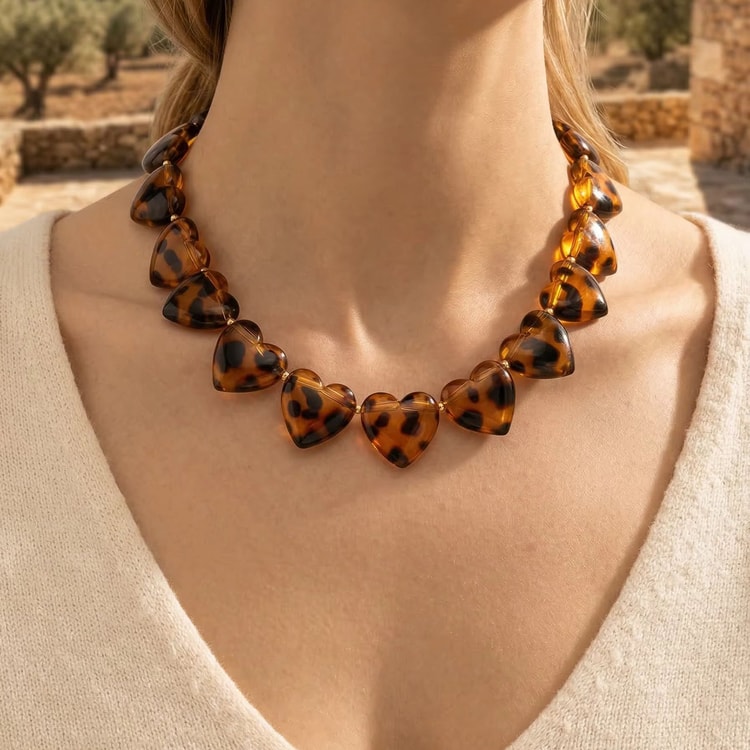 Leopard Print Heart Beaded Choker Necklace