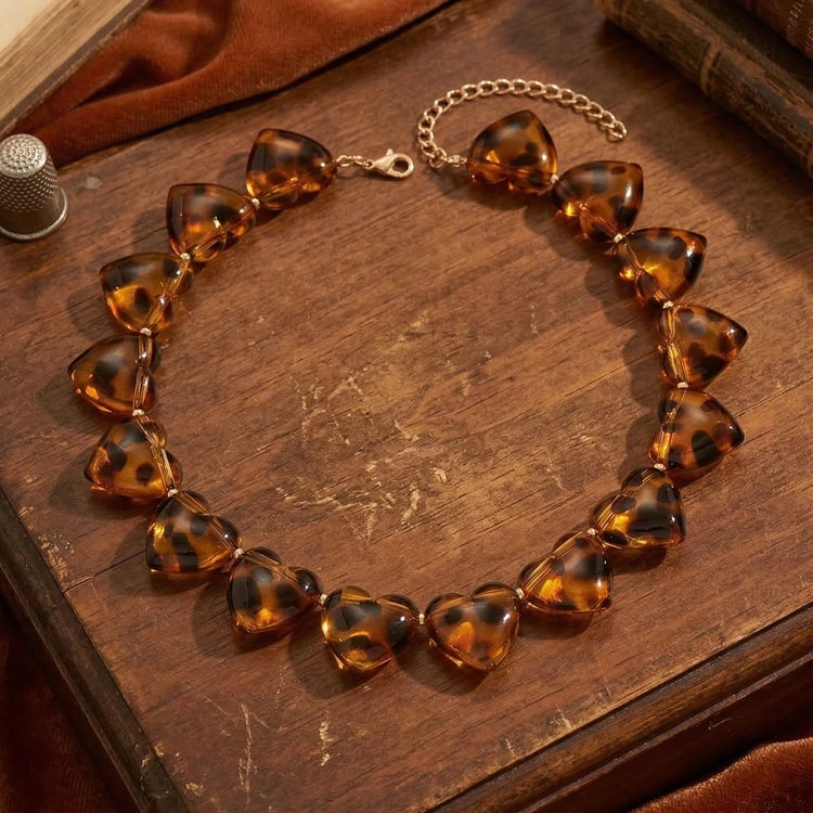 Leopard Print Heart Beaded Choker Necklace