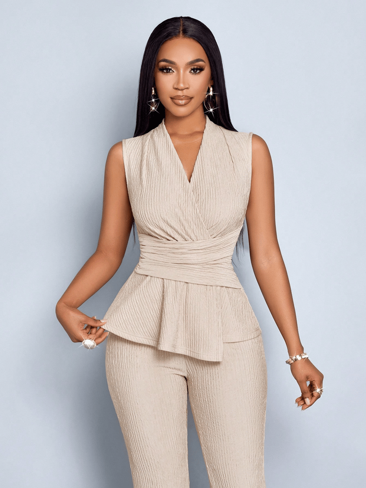 Womens Apricot Elegant V Neck Vest & Wide Leg Pants Two Piece Set Summer Chic Matching Outfit