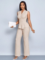 Womens Apricot Elegant V Neck Vest & Wide Leg Pants Two Piece Set Summer Chic Matching Outfit