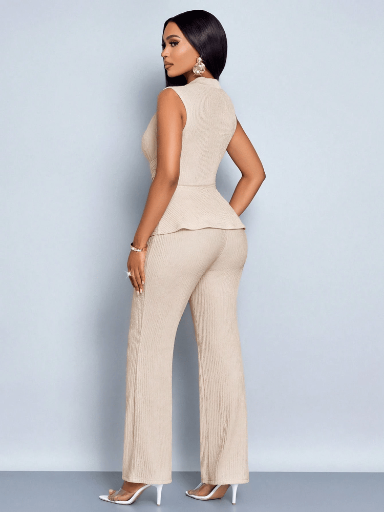 Womens Apricot Elegant V Neck Vest & Wide Leg Pants Two Piece Set Summer Chic Matching Outfit